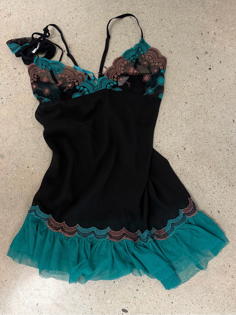 Frederick's of Hollywood Black Slip with Teal and Copper Lace Accents